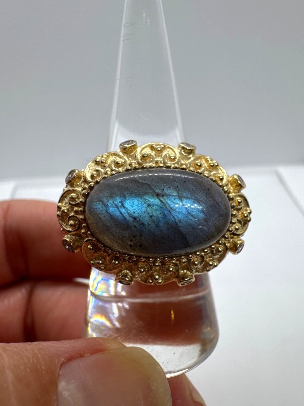 Sterling Silver Labradorite Ring Gold Plated OT 925 Turkey Ornate Statement Sz 8